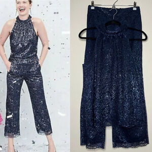 NWT J. CREW Navy Blue Metallic Floral Party Holiday Lace Overlay 2 Piece Set